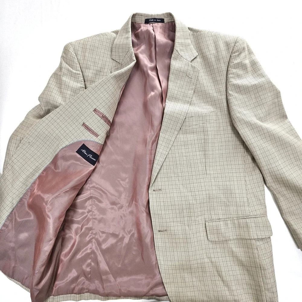 Alan Flusser Mens Silk Worsted Wool Houndstooth Sport Coat Blazer 46R Tan Brown